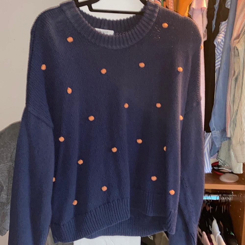 Madewell blue knit sweater with orange balls